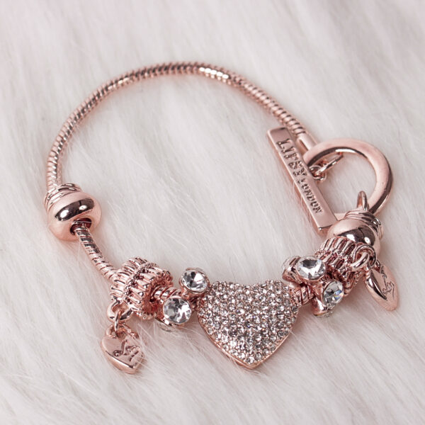 Lipsy Rose Gold Crystal Heart T-Bar Charm Bracelet