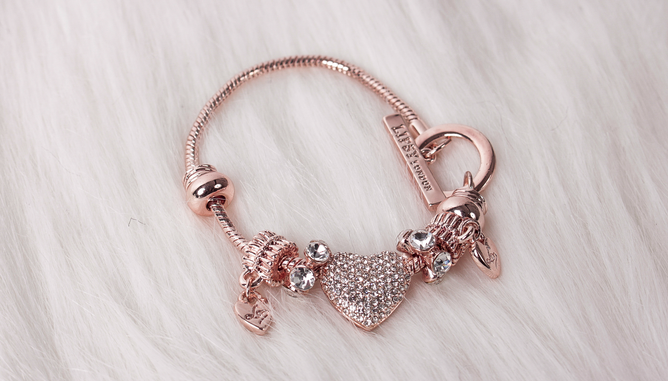Lipsy Rose Gold Crystal Heart T-Bar Charm Bracelet