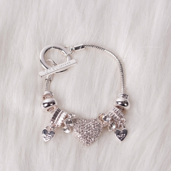Lipsy Silver Crystal Heart T-Bar Charm Bracelet - Image 2